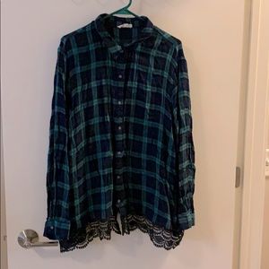 Plaid Shirt with Lace Trim